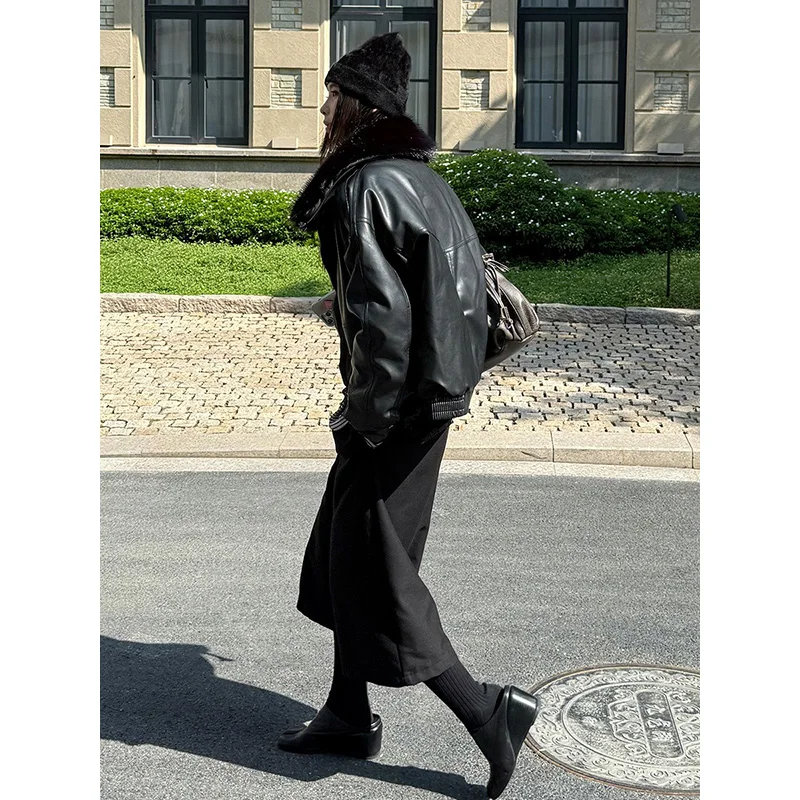 Benuynffy 2025, Herbst-Winter, Schwarz, mit Reißverschluss, Kunstleder, Jacke, Damen, Streetwear, abnehmbarer Pelzkragen, dick, warm, modisch, Outwears