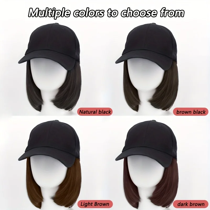 Synthetic Bob Hat Wig Women\'s Black Cap Sun Hat Short Straight Hair Extension Daily Wear Heat-resistant Baseball Cap Adjustable