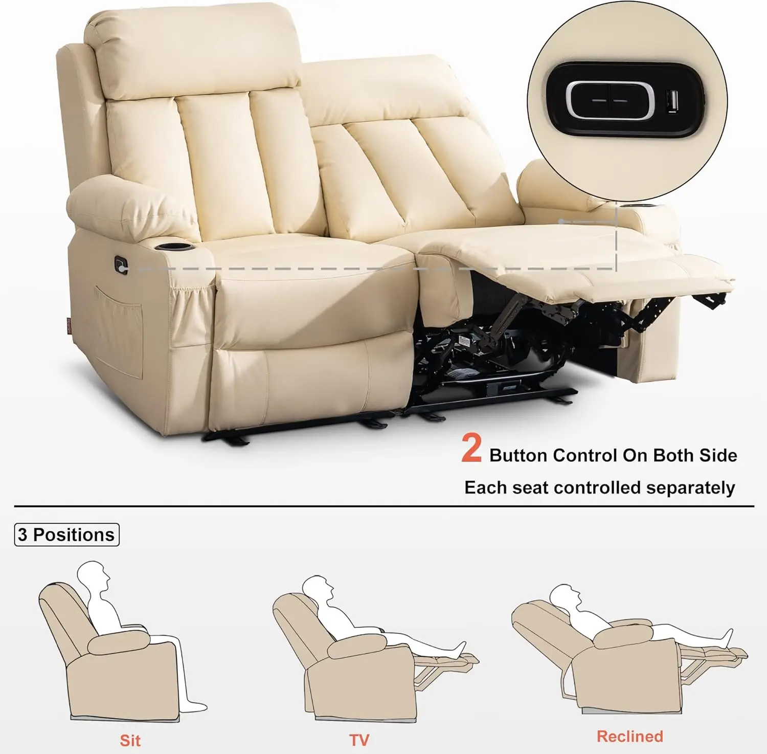 Power Loveseat Recliner Electric Reclining Loveseat Sofa with Heat and Vibration Cup Holders USB Charge Port for Living Room