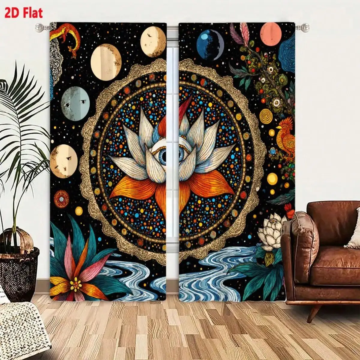 2D Flat - 2pcs Bohemian Mystical Lotus Surreal Pattern Curtains | Ornate Floral Eye Celestial Decor, Whimsical Art Deco Style