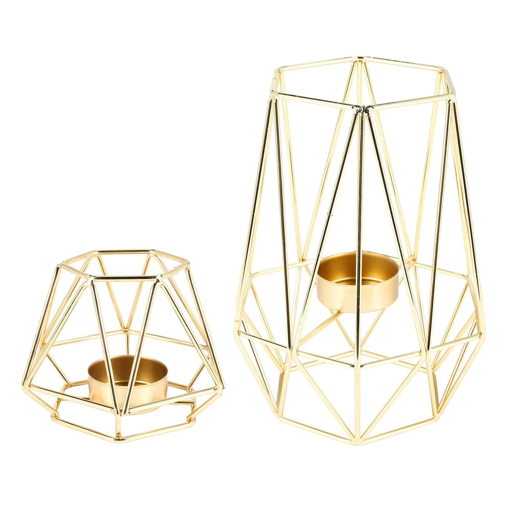 Set of 2 Gold Geometric Metal Tealight Candle Holders for Living Room & Bathroom Decorations - Centerpieces for Wedding & Dining