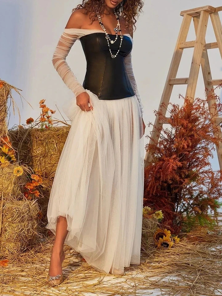 

Summer Off Shoulder Pleated Party Maxi Dress Lady High Waist Hollow Out Banquet Dresses Fashion PU Leather Spliced Mesh Dress