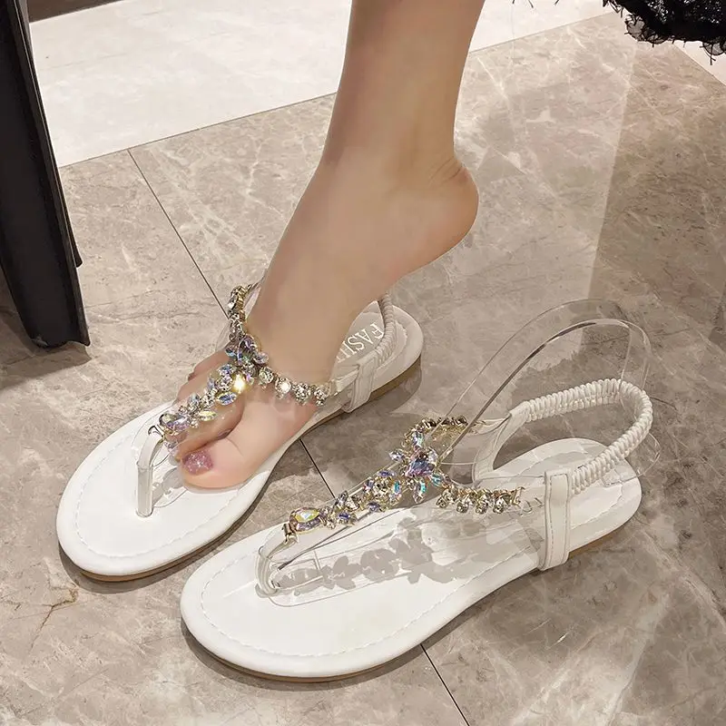 

Women Sandals 2026 Summer New Flat Fairy Style with Rhinestones Flip Flop Beach Roman Slippers for Dresses