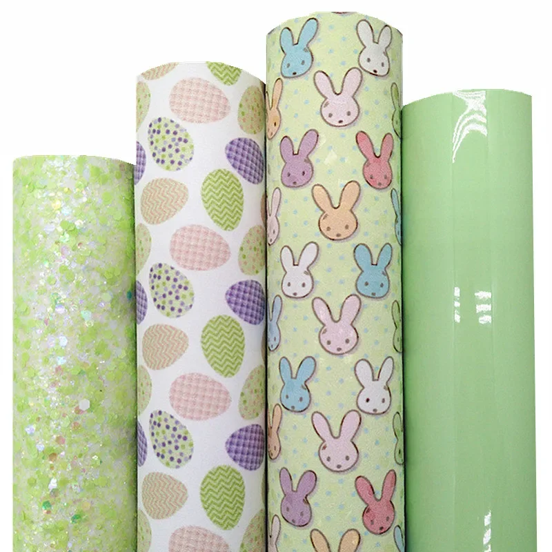 Light Green Glitter Leather Sheets Bunnies Easter Eggs Printed Synthetic Leather Patent Faux Leather For Bow DIY 21x29CM Q1695