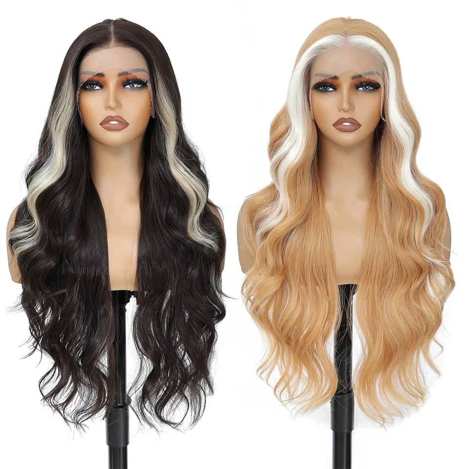 

Long Body Wave 13*4 Transparent Lace Frontal Synthetic Wigs Preplucked Black Highlight Brown Blonde Wig for Afro Women Customize