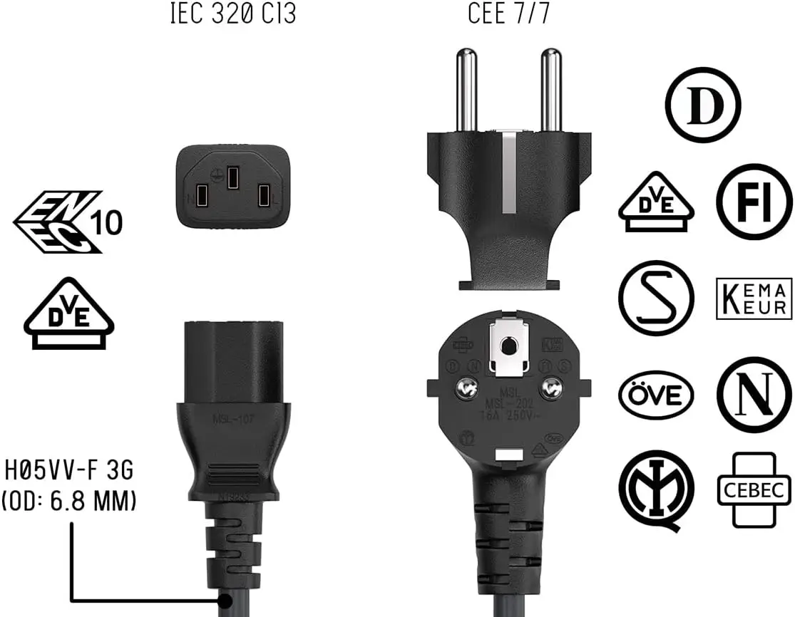 IEC C13 EU Power Cord Cable 10A Extension Cord 3m/10Ft  EU Plug Power Supply Cable For TV HP Dell PC Computer Monitor Printer