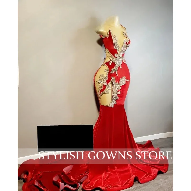 See Thru Velour Mermaid Evening Dresses Hollow-out Appliques Velvet Prom Gowns Real Image Floral Long Formal Party Dress