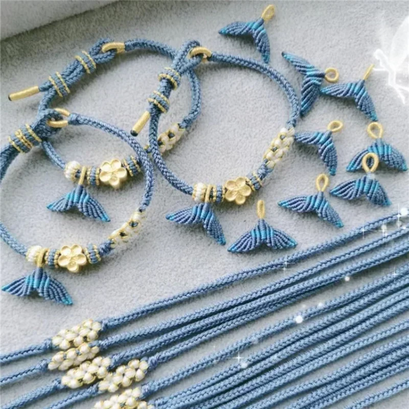 

Boutique Handmade Woven Blue Fishtail Adjustable Bracelet Women's 24K Gold Plated Peach Blossom Hand String Chain Pendant Gifts