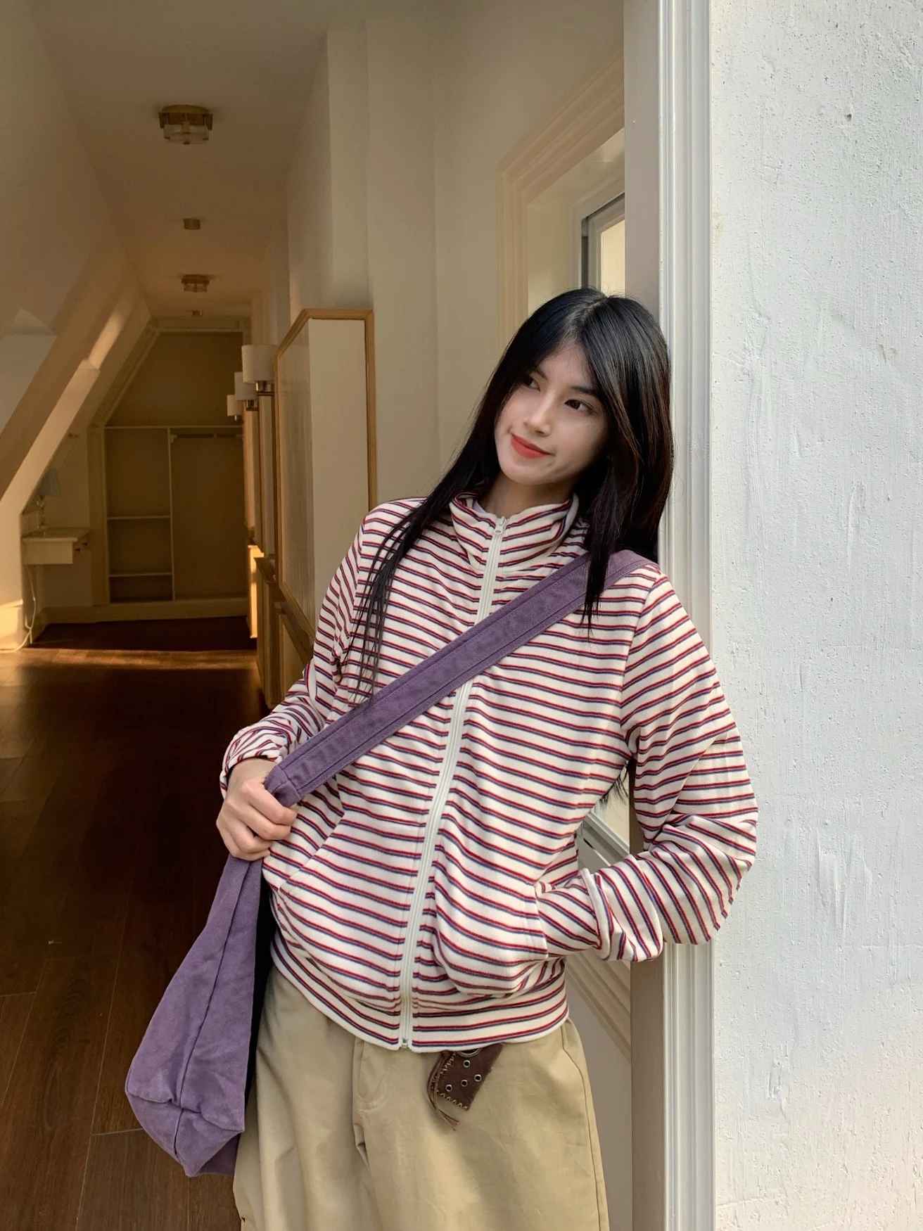 

Retro American Striped Loose Fit Zipper Cardigan Women's Lazy Sle Outerwear Early Spring Top Cotton Long Sve Coat