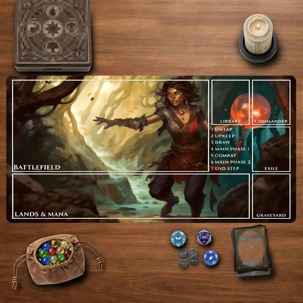 Grove Fire Mage TCG Playmat 35X60CM Forest Sorceress Magic Card Battle Mat Non-Slip Durable Stitched Edge Tabletop TCG Playmat