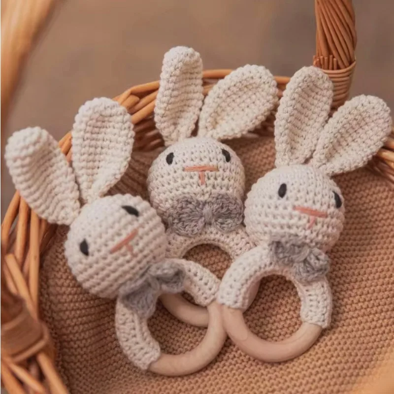 Mainan Gantungan Tangan Bayi Rajut Kayu Kelinci, Mainan Gantungan Bayi, Mainan Penghibur Bayi, Kelinci Paskah Rajut Anyaman Pinus