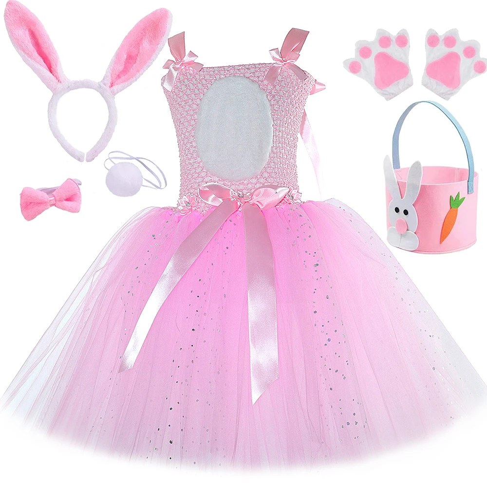 

Girls Pink Bunny Costume Glitter Cute Rabbit Tulle Tutu Dress Girl Halloween Carnival Easter Birthday Party Animal Dress Up
