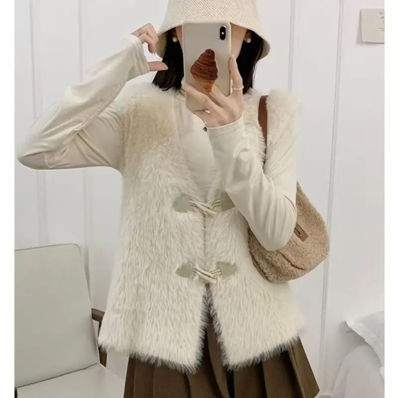 Women's Faux Mink Waistcoat Fluffy Horn Toggle Buttons Thick Knitting V-Neck Knitting Cardigan Vest Preppy Style Sweater Coats