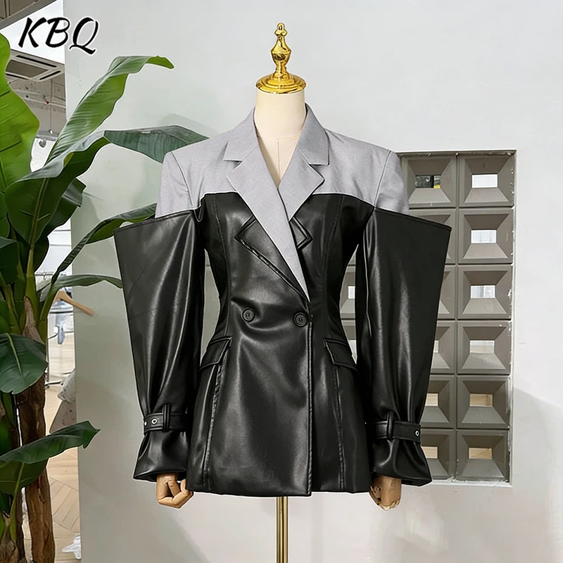 

KBQ Hit Color Spliced Pocket Tunic Jacket for Women Lapel Long Sleeve Loose Streetwear Irregular Jackets Female Autumn Fashion