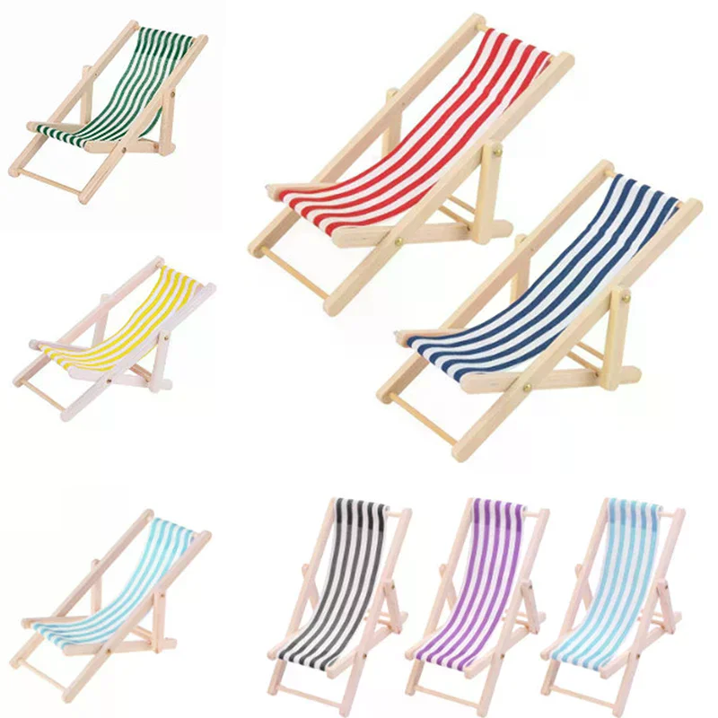 /GJ/1:12 Mini Foldable Wood Beach Chair Recliner Sunbathing Chair Chaise Dollhouse