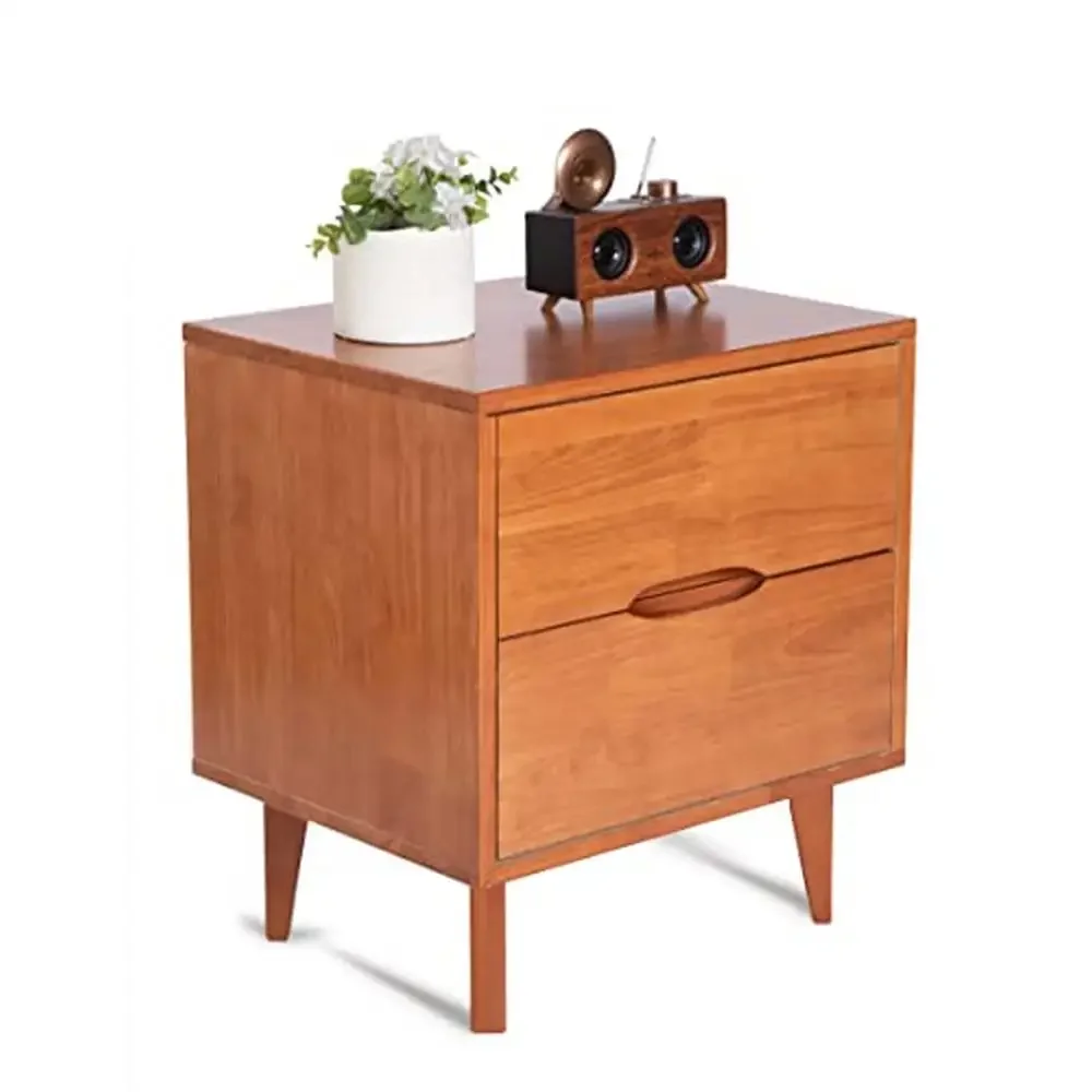 Modern Grooved Oak Wood Nightstand Side Table with Storage Drawers and Shelf Bedroom End Table 2 Drawer Stable & Stylish Easy