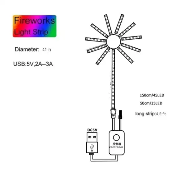 RGB Firework LED Strip Light, Bluetooth, Neon Inteligente, App, USB, 5V, Decoração de Festa de Natal