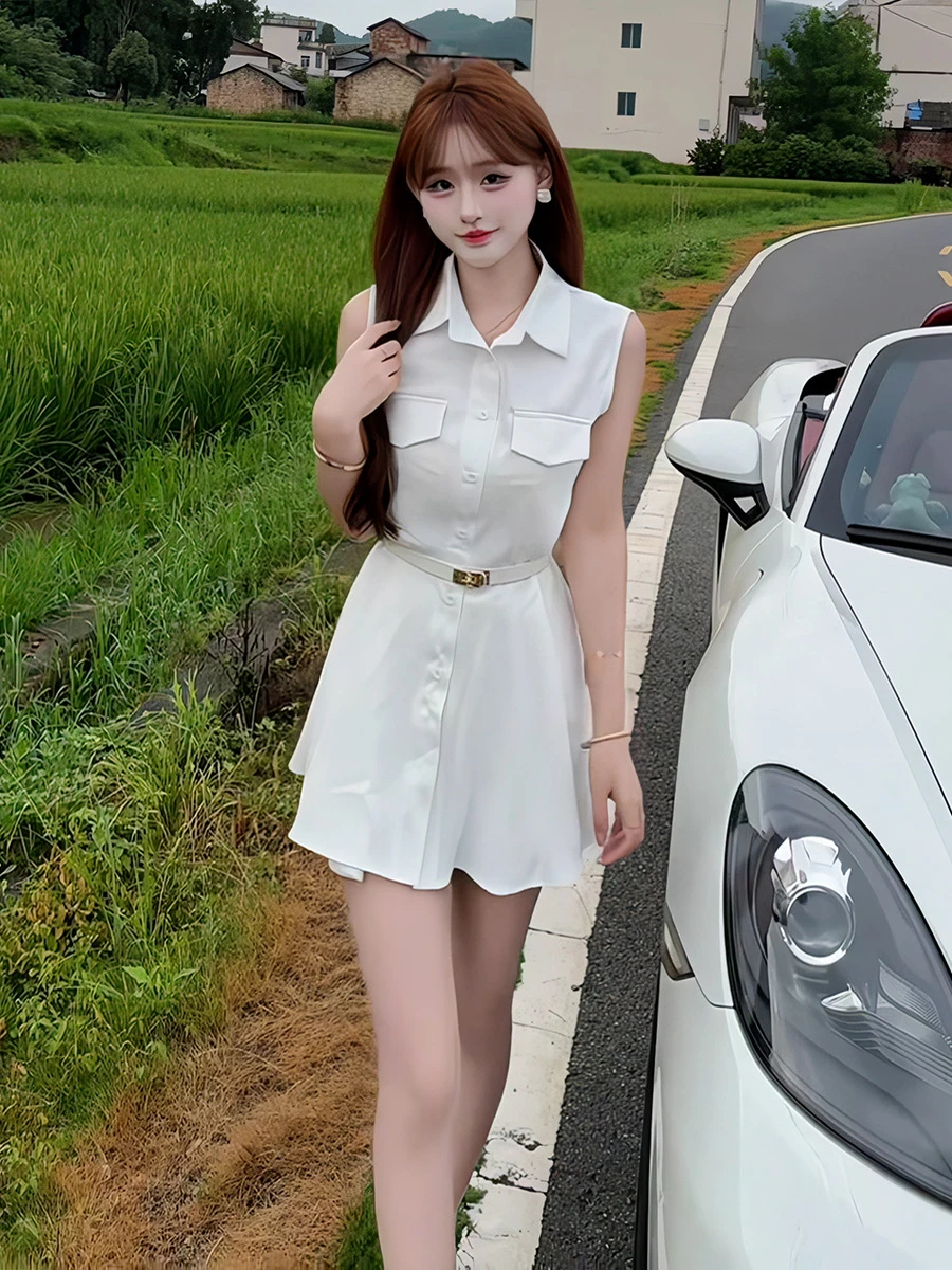 Summer New Korean Sle Pure Color Svel  Collar irt Dr Women's Design Slimming ort Skirt High Waist A-Line D...