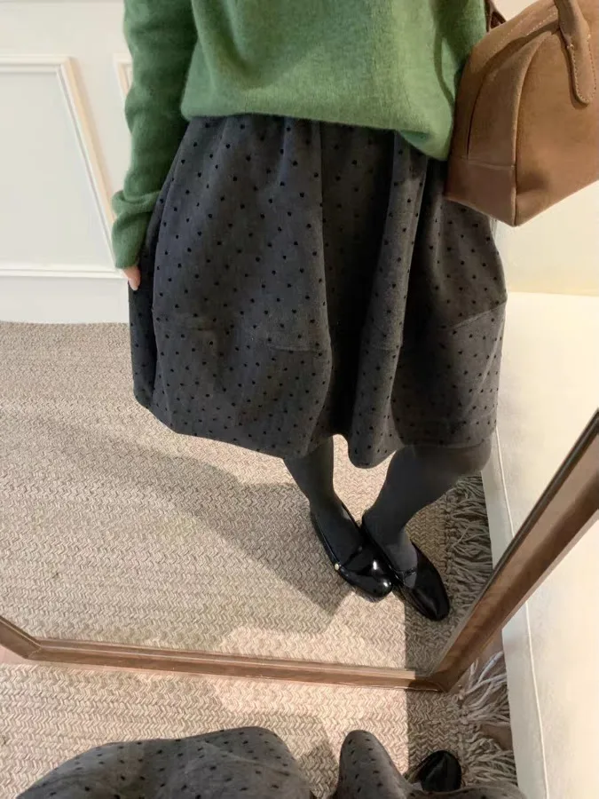 Koreanische Sle Hohe Taille A-linie Rock frauen Herbst Winter Polka Dot Tweed Plissee Elastische Taille Rock für Damen