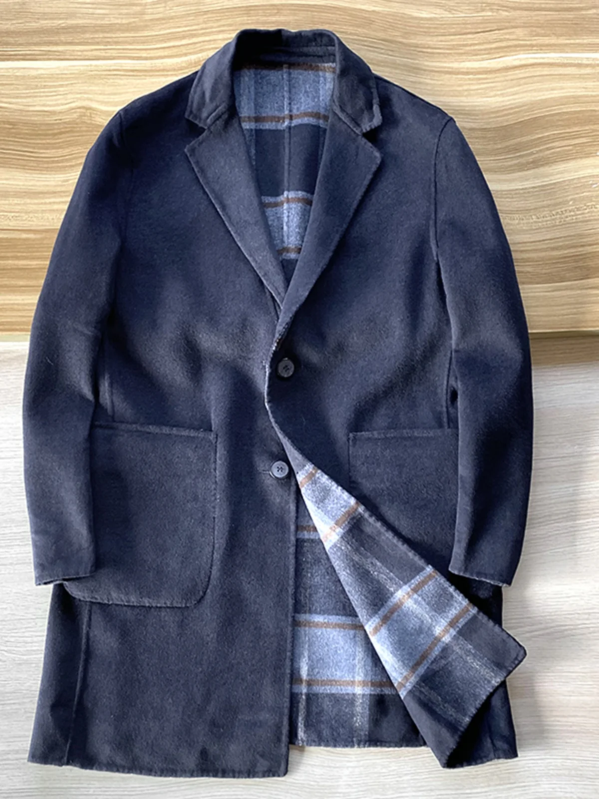 

Двустороннее шерстяное пальто средней длины для мужчин, осенне-зимнее, модное, приталенное, с воротником-стойкой, на одной пуговице