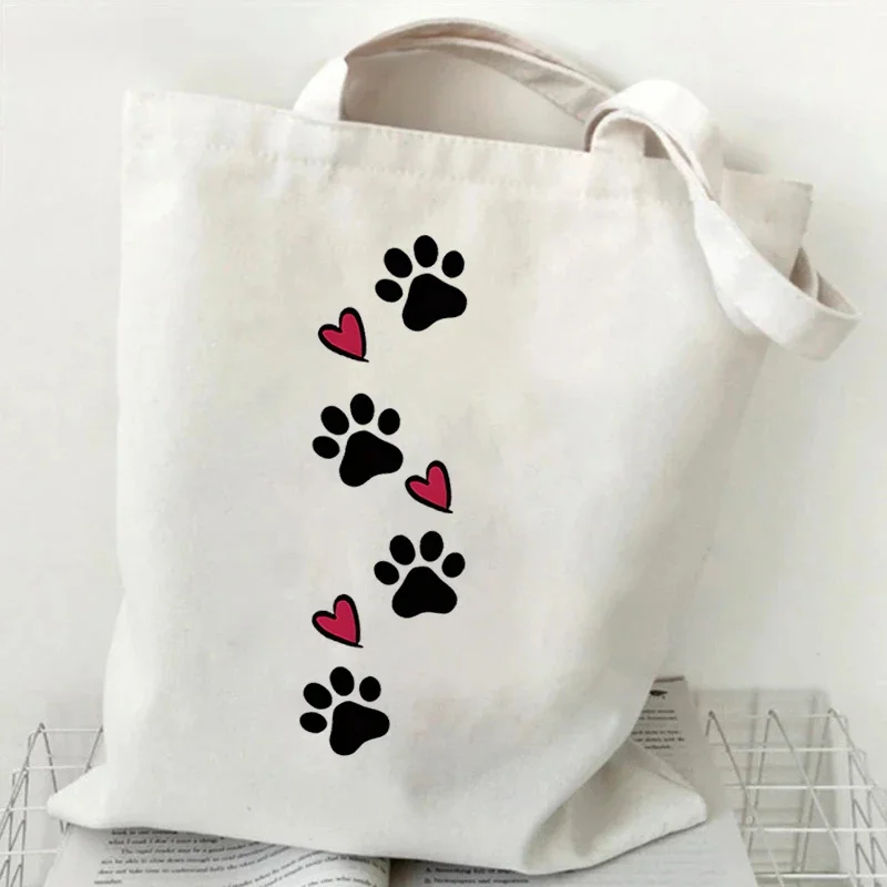 

Pug Mom Graphics Canvas Bag for Women Shopper Handbags Dog Paw Print Reusable Shoulder Tote Bag Fashion Animal Paw Lady Hand Bag