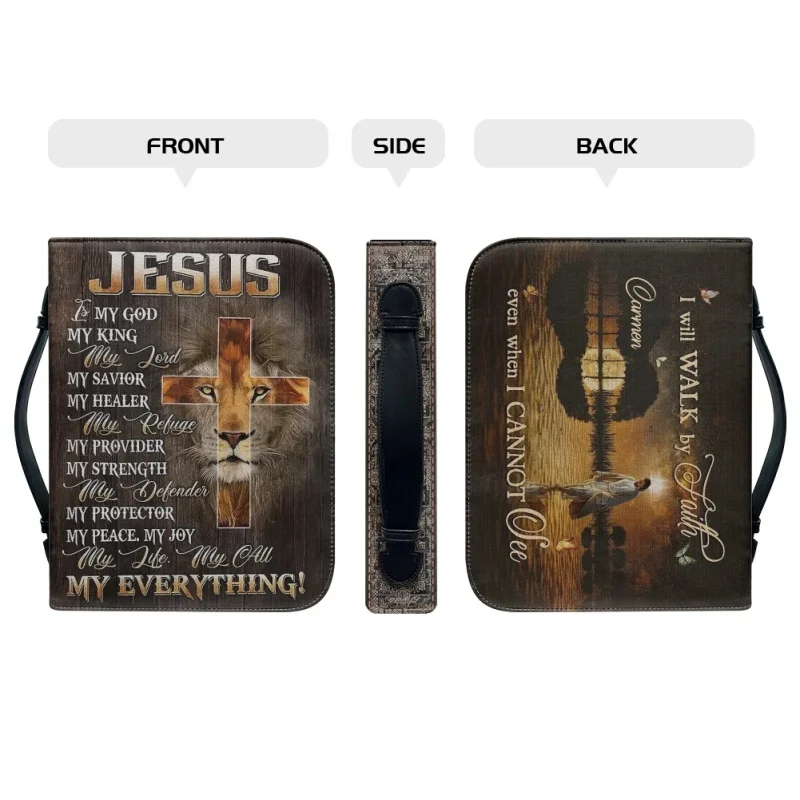 I Will Walk By Faith Christ Cross Lion Personalized Print Church Bible Cover Case PU Handbags Study Book Holy Storage Boxes