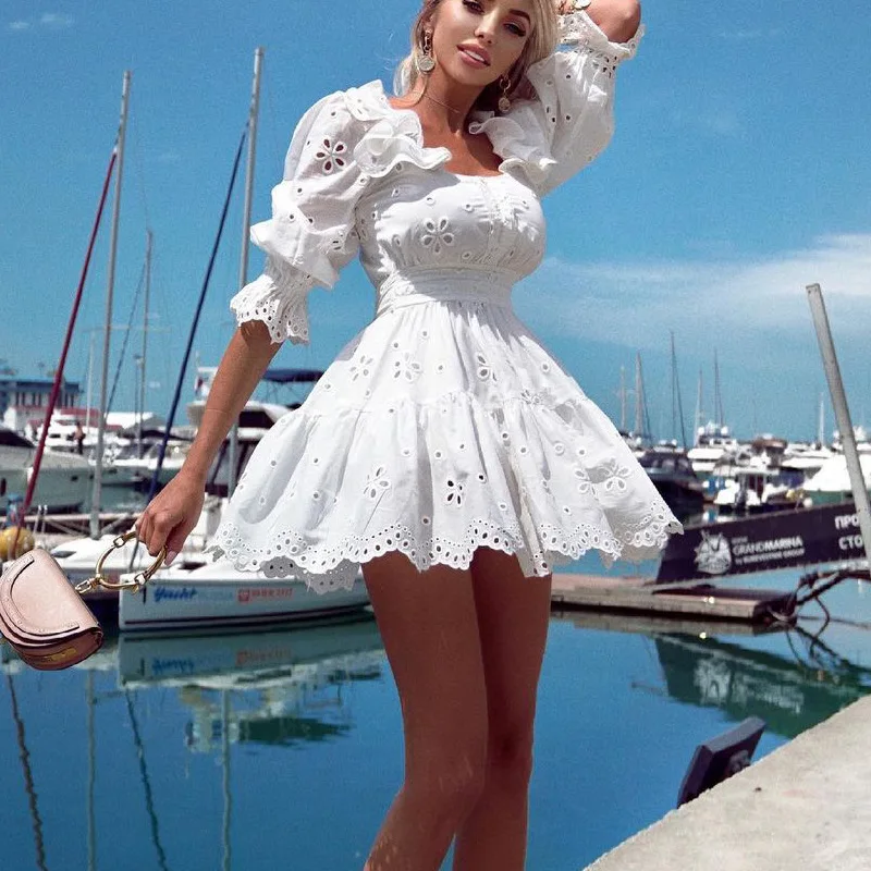 Abiti eleganti a maniche lunghe da donna 2025 Mini abito da donna in cotone pettinato moda Плаjallя Abiti da ballo Robes Courtes