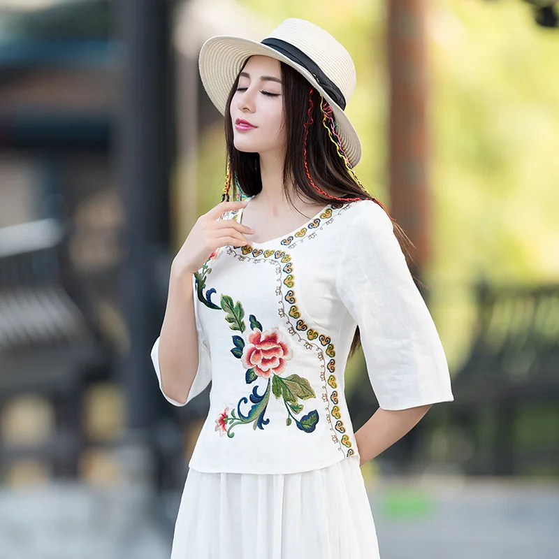 

Spring Summer Cotton Linen Chinese Tops Slim Vintage Embroidery O-neck Oriental Ethnic Harajuku Women Blouse New Elegant Shirt