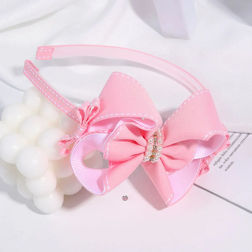 Fashion Ribbon Bow Hairband Sweet Pearl Headbands Princess Rhinestone Hair Bands Kids Headwear Boutique Party Birthday Gift