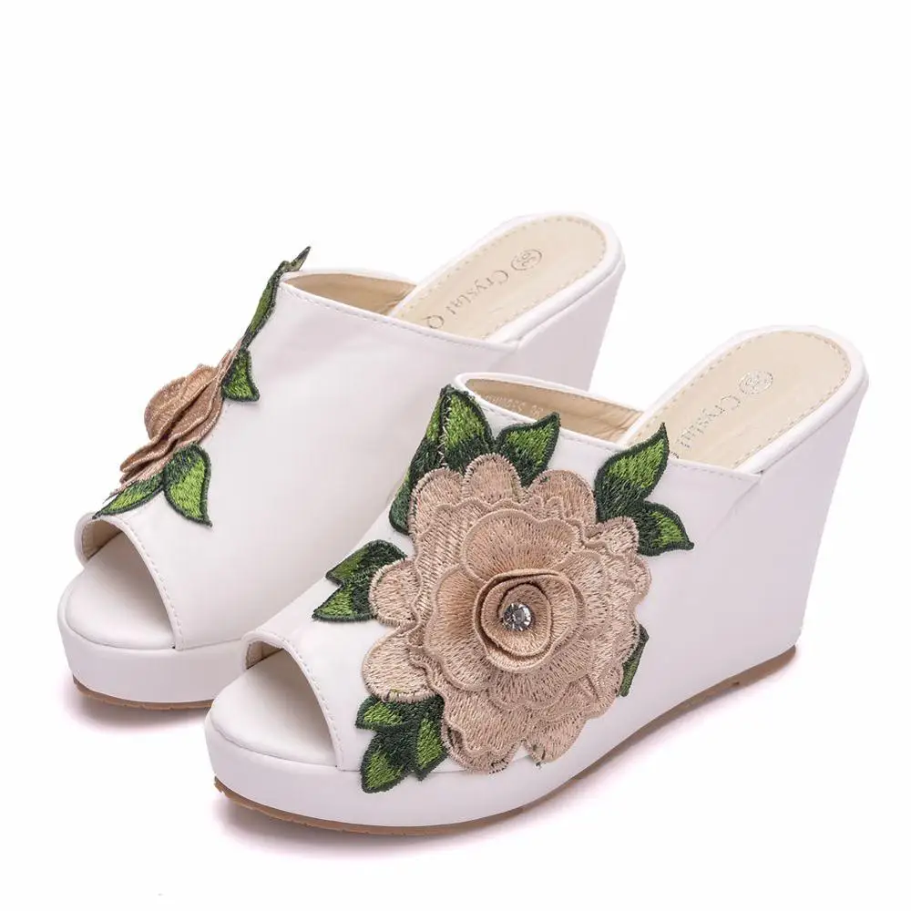 Queen Black White Peep Toe Platform Wedges Sandals Wedges High Heels Slippers Beach Sandals For Women Lace Flower