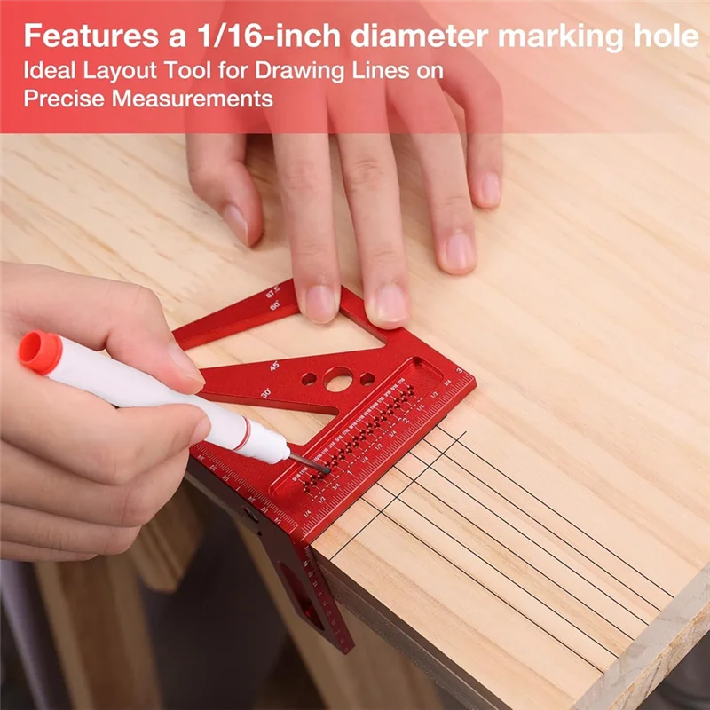 3D Multi Angle Measuring Ruler With 2 Pens, 22.5-90 Degree Aluminum Alloy Woodworking Square, Drawing Line Ruler-New