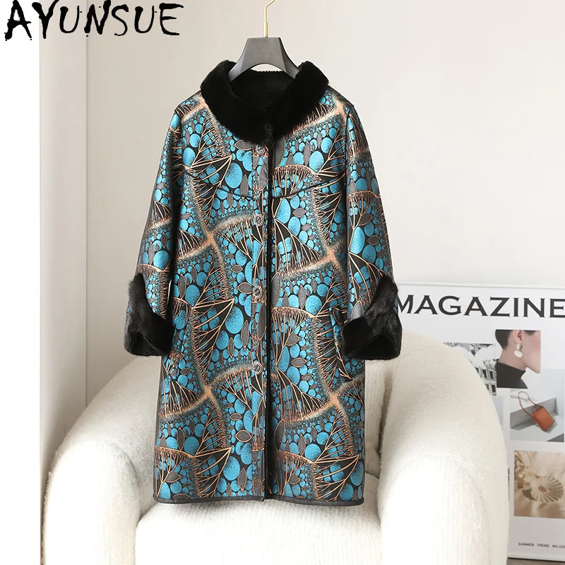 AYUNSUE 100% Wool Fur Coat Women Clothes 2025 Winter Jacket Warm Mink Fur Collar Mid-length Sheep Shearling Coats Woman Printed