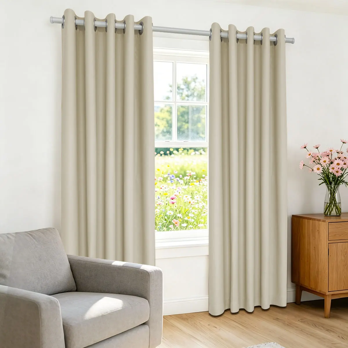 Beige Solid High‑Density Blackout Curtain, Grommet Top, Privacy Window Curtain for Bedroom Living Room, 2 Panels
