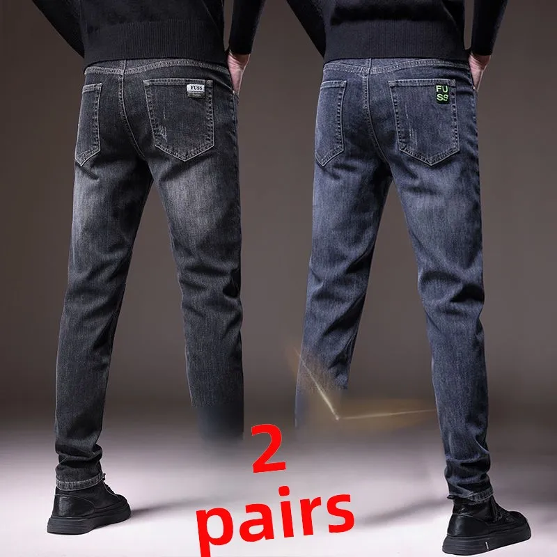 

High Waist Straight Leg Stretchy Men's Jeans Busin Casual Winter Warm Wear Resistant Youthful Sle Cotton Long Trousers