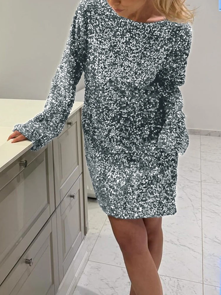 Sexy glitter o-pescoço festa feminina vestido curto moda brilhante lantejoulas midi vestido elegante sem costas arco rendas até banquete vestido curto