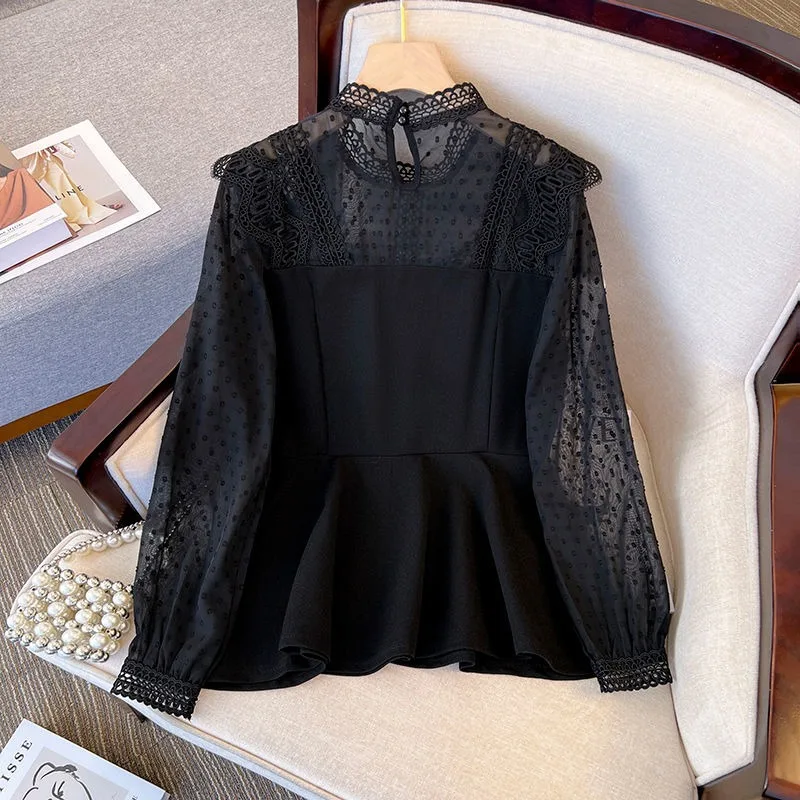 Black Lace Blouse for Women Elegant Design Ladies Spring Sheer Outwear Clothing Solid Simple Fashion All-match Korean Style Chic