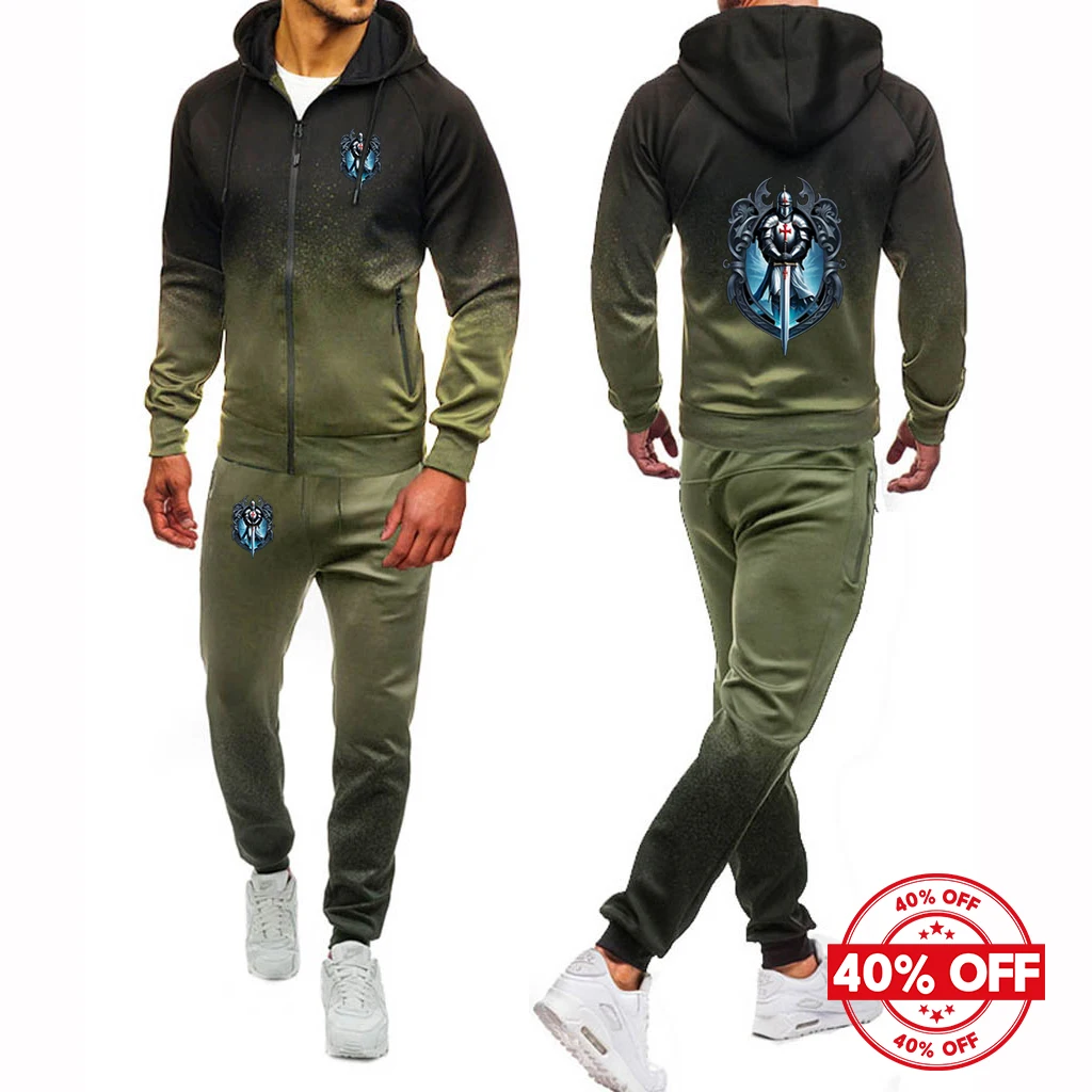 2025 الربيع والخريف رجل فرسان تمبلار نمط شعار طباعة التدرج اللون سستة هوديس + الترفيه Sweatpants طويلة الدعاوى