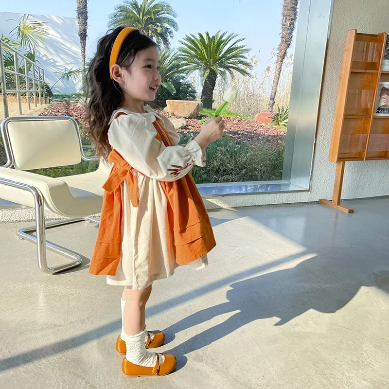 French Style Spring Autumn Girls Dresses Color Contrasting Two Pieces White Bottoming Shirts Brown Striped Causal Dress