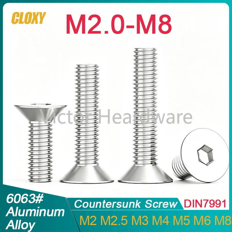6063# Aluminum Alloy M2 M2.5 M3 M4 M5 M6 M8 Hexagon Hex Socket Countersunk Screw Flat Head Screw Allen Bolts DIN7991
