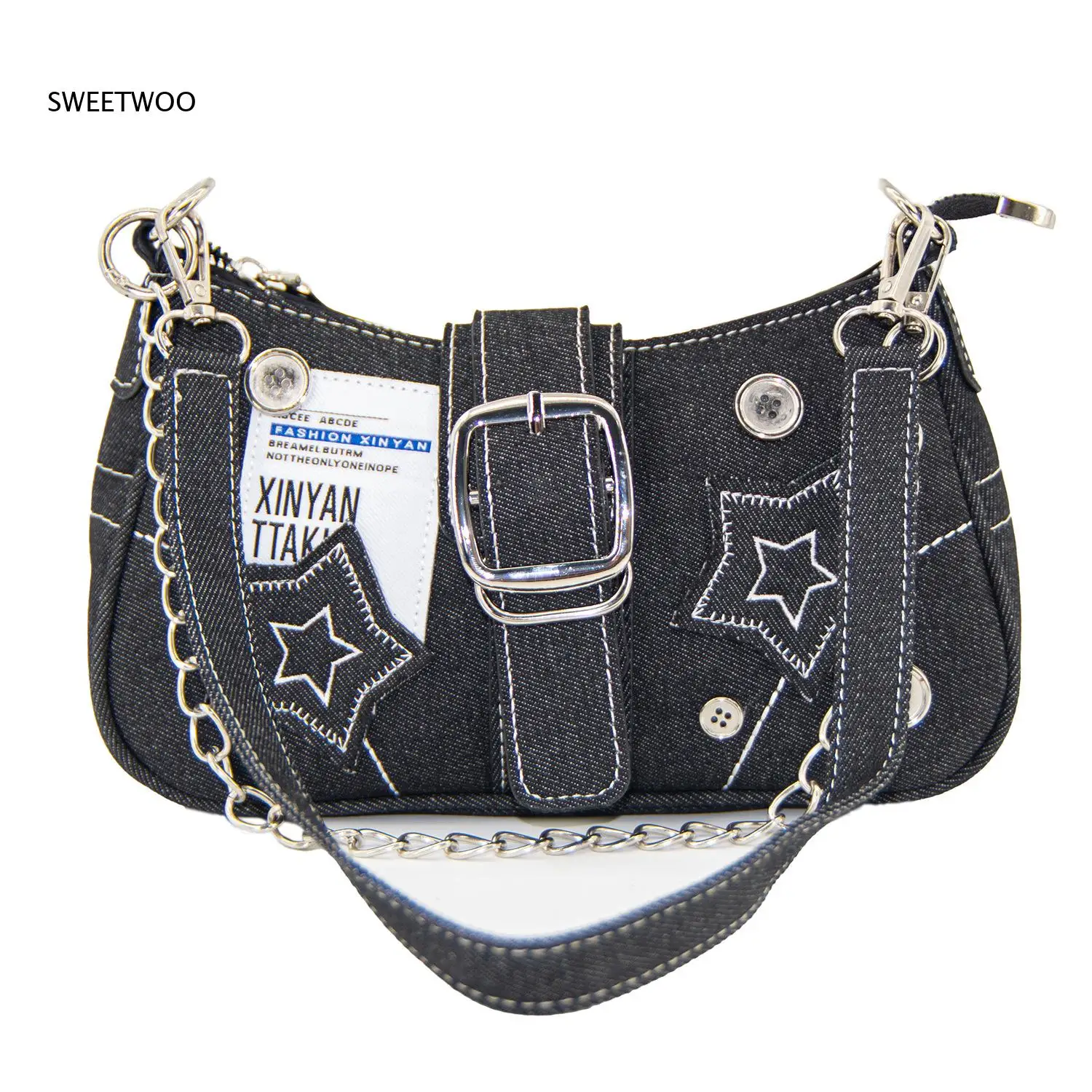 2026 Star Rivet Print Denim Chain Underarm Bag Thin Adjustable Strap Y2K Street Fashion Small Shoulder Purse