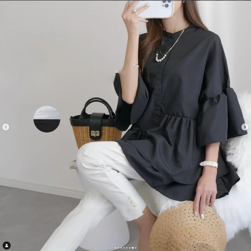 Japanese Flare Sleeve Tops Women Shirts & Blouses Solid Vintage Elegant Spring Summer Loose Blusas Mujer Fashion Black Camisas