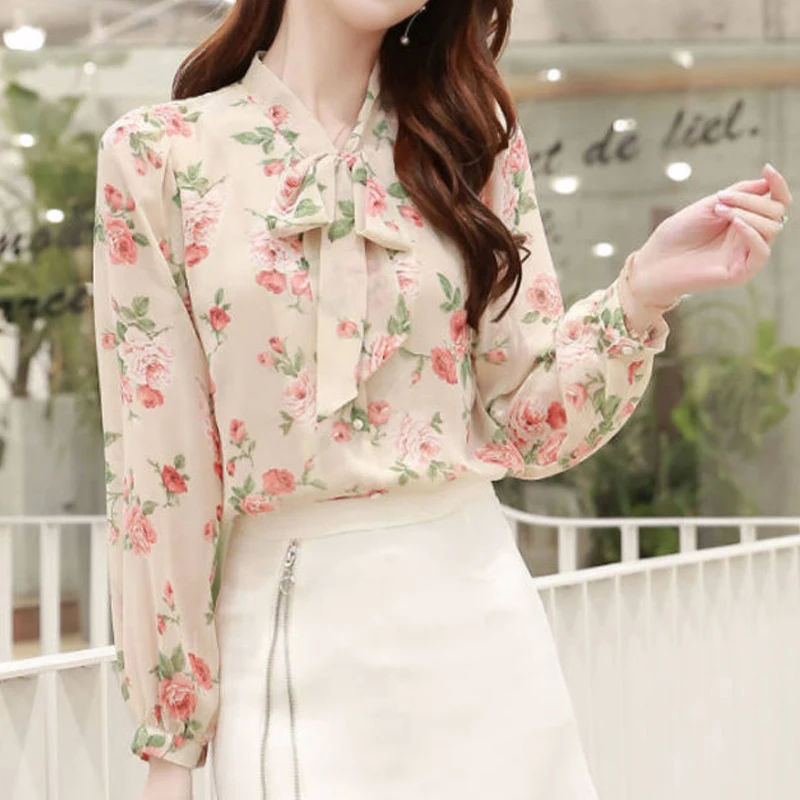 New Long Sleeve Fashion Chiffon Shirt Tops Spring New Bow Floral All-match Elegant Blouse Temperament Office Women Clothing