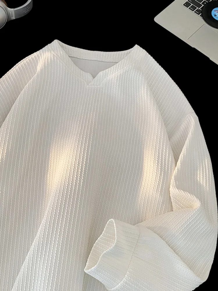 

Мужская толстовка на осень 2024: Новинка, премиум-качество, текстурированная, с V-образным вырезом, длинным рукавом, базовая, в американском ретро-стиле, простая, повседневная, свободного кроя