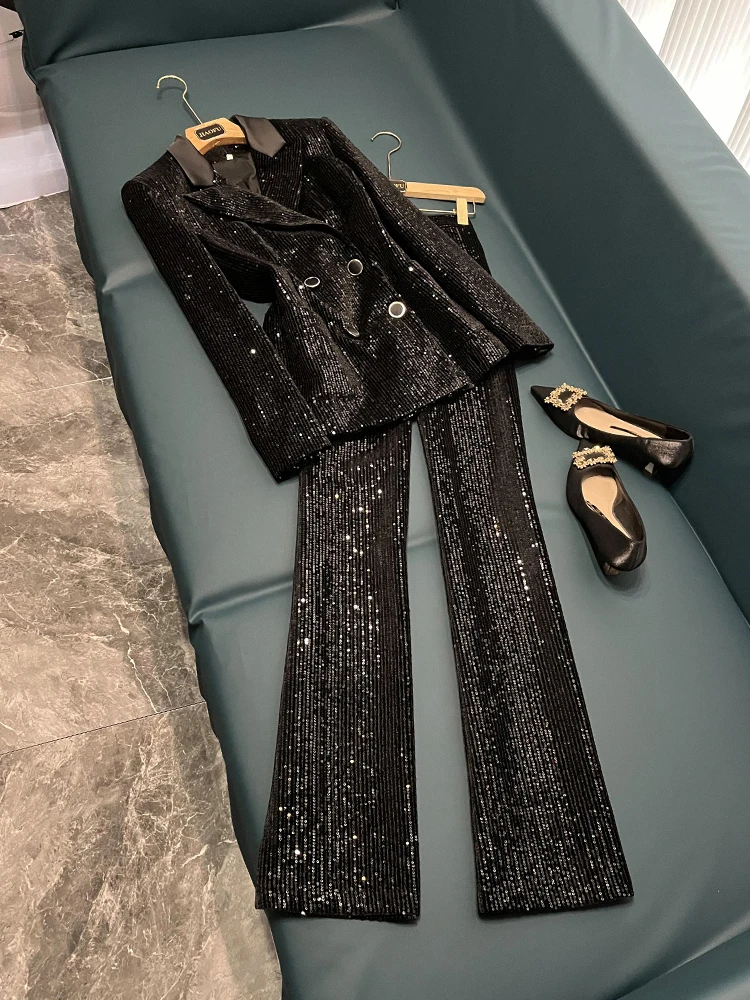 

High-End Faion Gold Velvet Double-Breasted Suit Jaet And Slim Micro Flare Pants Set Polyester Material for Women over 35