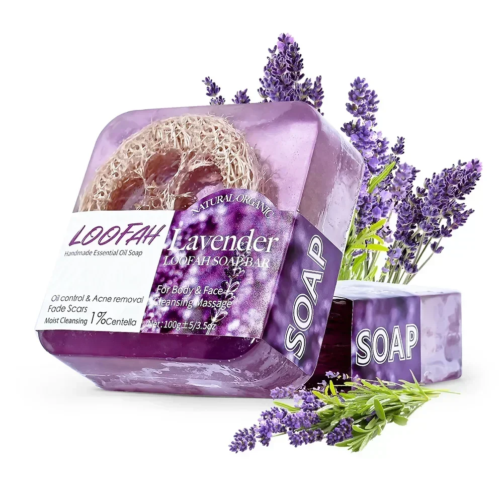 

Handmade Kojic Acid Soap with Loofah 100g Lemon Lavender Rose Turmeric Essential Oil Bath Bar New Design Exfoliating Cleansing