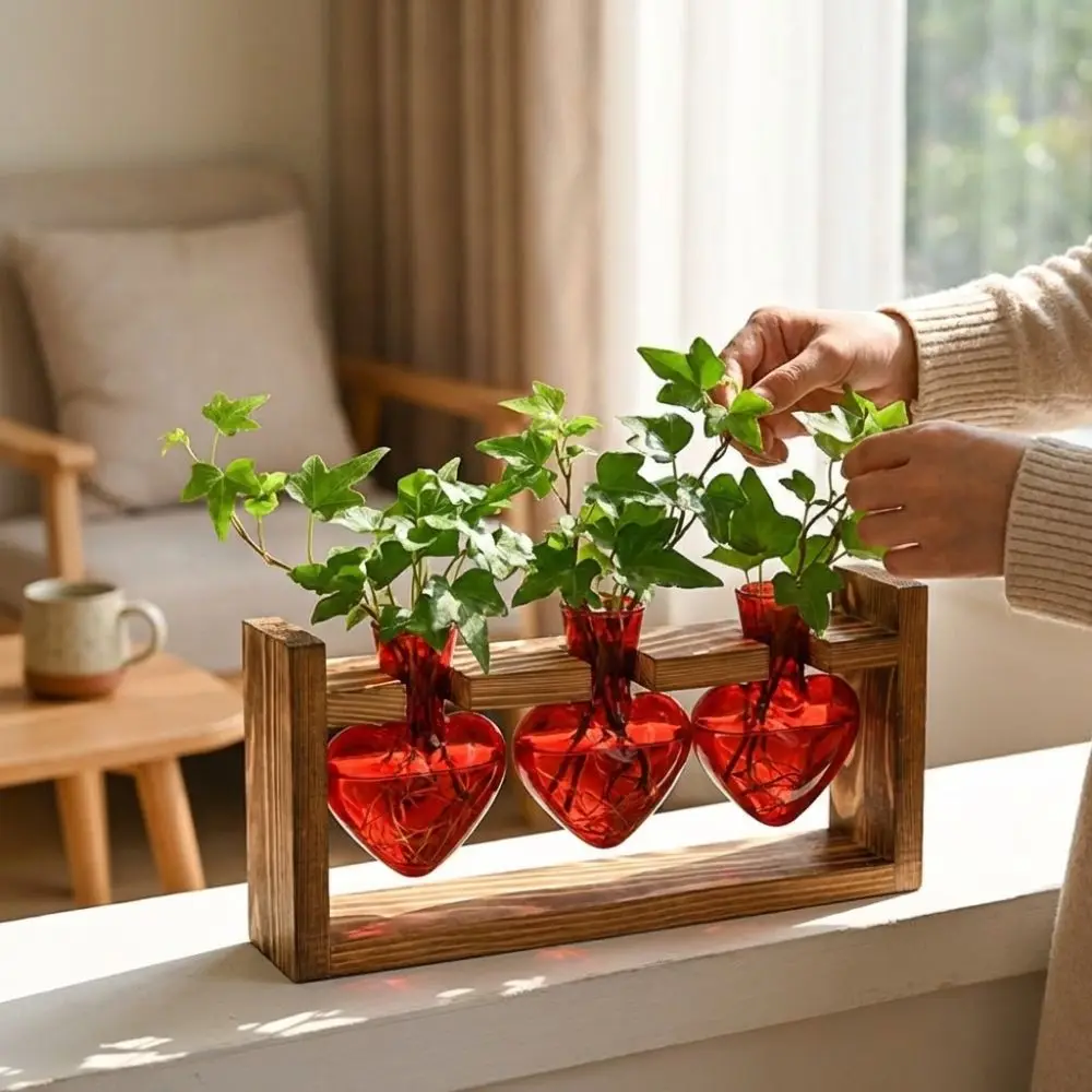 Transparent Hydroponic Plant Vase 3/2 Bottle Flower Container Wooden Frame Vase Desktop Vase Handmade Glass Heart Shape Vase