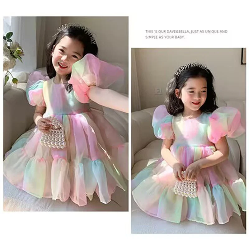 

Summer Girls Dress Sweet Rainbow Puffy Sleeve Mesh Princess Dress Children Birthday Party Tutu Baby Kids Fancy Outing Dress 1-6Y