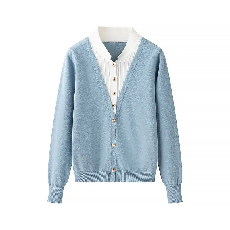 2026 New Women Fake Two Piece Knit Cardigan Long Sleeve Gold Button Contrast Collar Slim Casual Sweater Tops