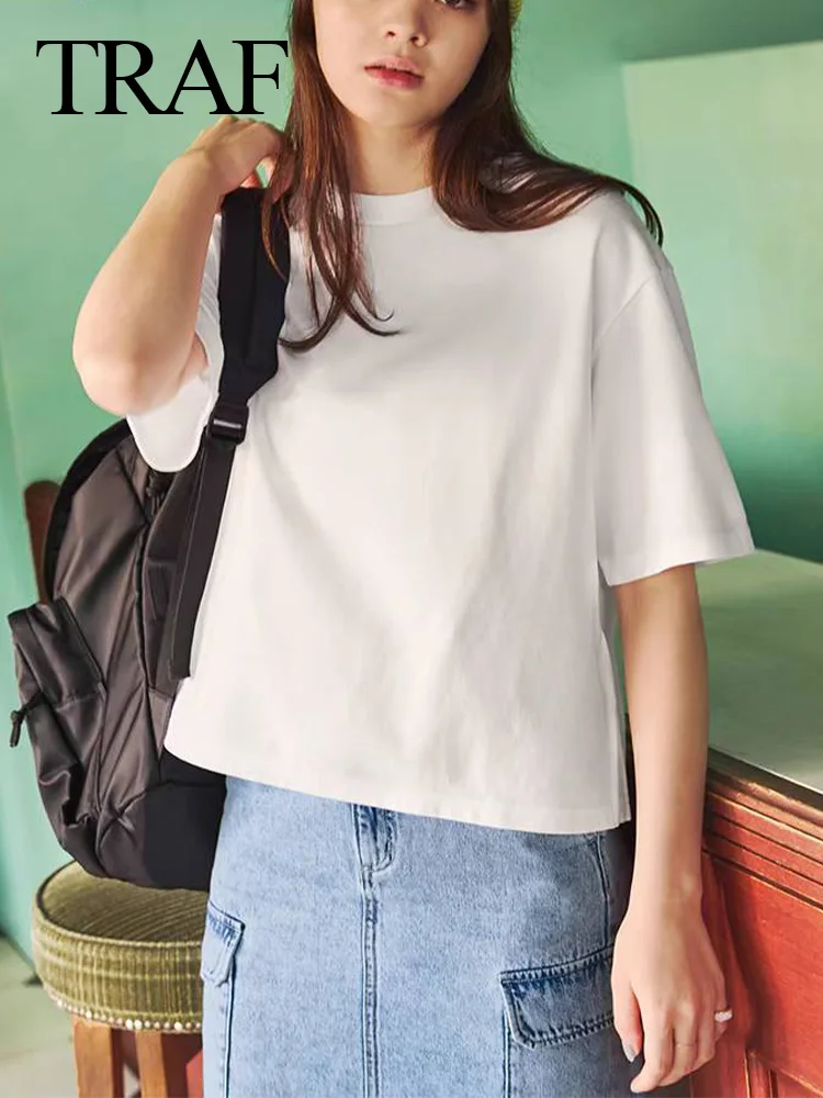 TRAF 2024 Woman Solid T Shirt Simple Versatile Casual Loose Chic Tops Summer Female Short Sleeve O Neck White Cropped T Shirt