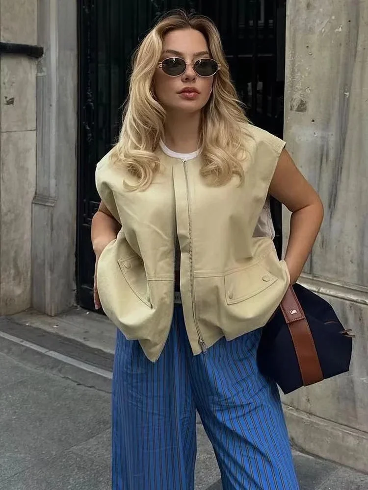 

HH Женская модная осенняя укороченная майка без рукавов с рюшами по подолу на молнии с накладными карманами Свободное универсальное шикарное верхнее пальто